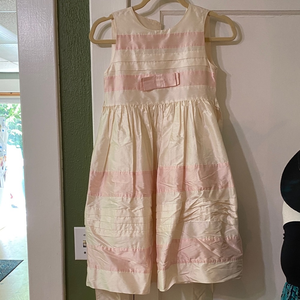 Girls Cream and Light Pink Striped Silk Dress